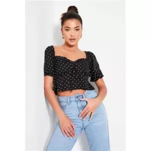 image of I Saw It First Black Polka Dot Print Puff Sleeve Milkmaid Top - Black