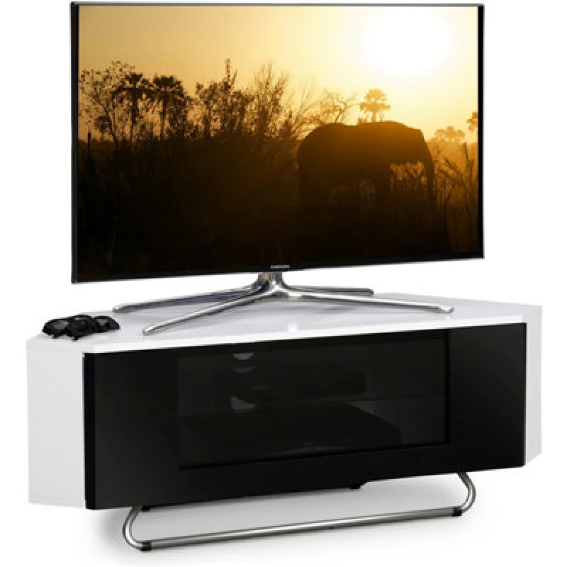 Image of CENTURION SUPPORTS Centurion Supports Hampshire Corner-Friendly Gloss White with Black Contrast Beam-Thru Remote Friendly Door 26"-50" Flat Screen TV