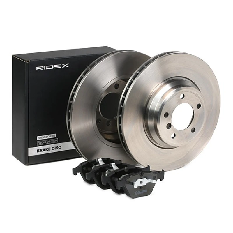 Image of RIDEX 3405B1011 Brake disc and pads set Front Axle, Brake Disc Type: Vented, with anti-squeak plate Brake Set,disc brakes (3405)
