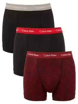 Image of Calvin Klein 3 Pack Cotton Stretch Trunks - Black/Burgundy Print, Multi, Size L, Men
