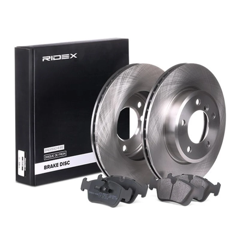 Image of RIDEX 3405B0132 Brake disc and pads set Front Axle, Brake Disc Type: Vented, excl. wear warning contact Brake Set,disc brakes (3405)