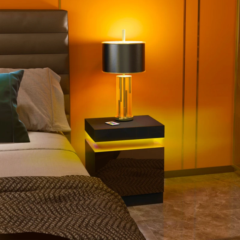 Image of HOMCOM HOMCOM Bedside Table, High Gloss Front Bedside Cabinet w/ LED Light, 2 Drawers in Black One Size Unisex 5063603035003