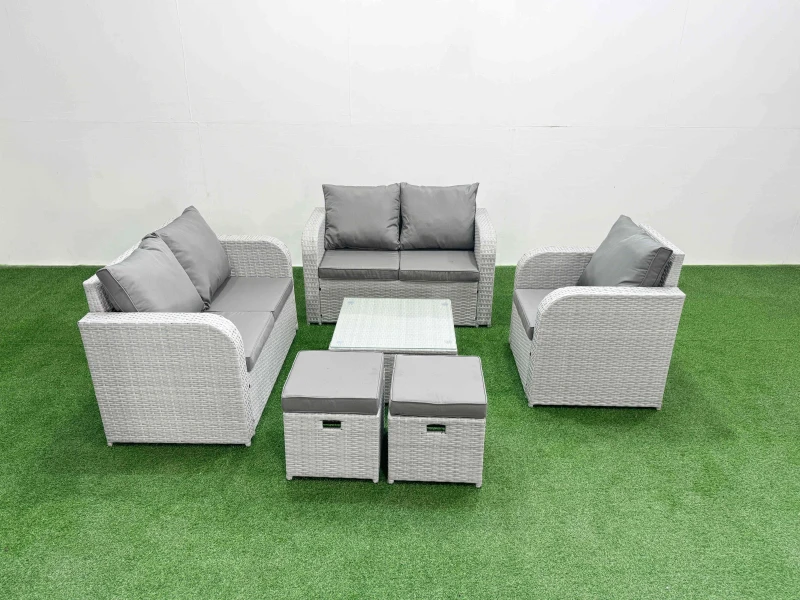 Image of Fimous High Back Poly Rattan Garden Furniture Set with Reclining Chair Loveseat Sofa Square Coffee Table Indoor Outdoor Patio Set 2 Stool Light Grey