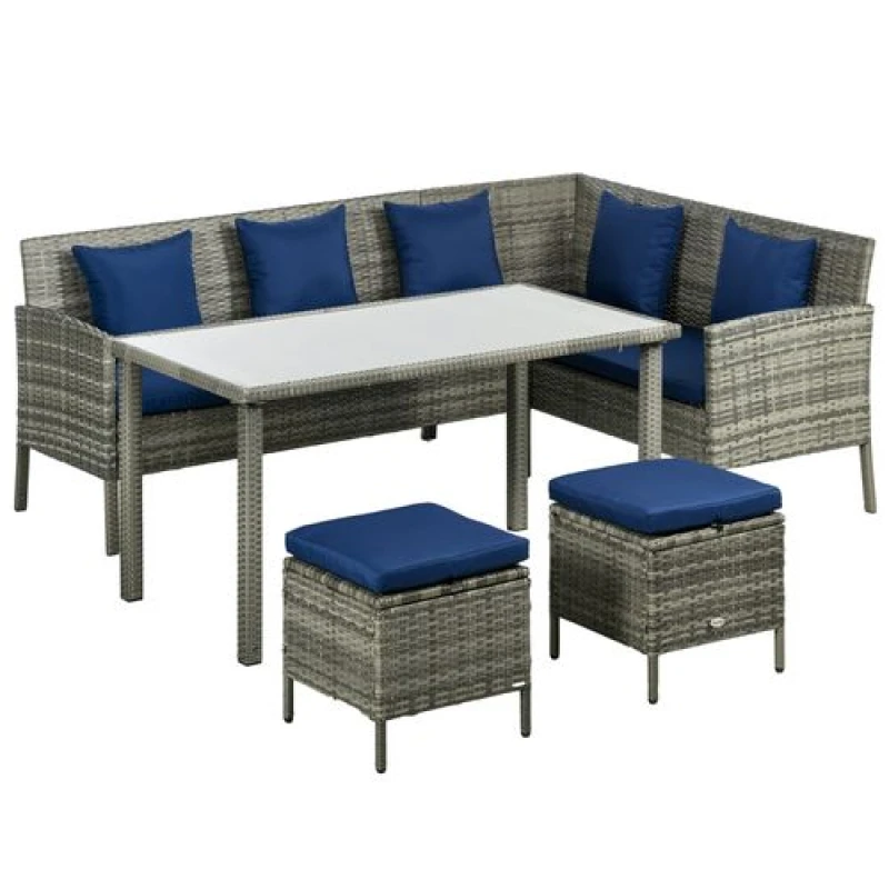 Image of Outsunny 5Pcs Rattan Dining Corner Sofa Set, Garden Furniture Set, Dark Blue Dark Grey