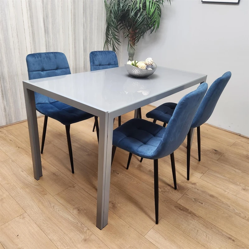 Image of KOSY KOALA KOSY KOALA Dining Table and 4 Blue Velvet Chairs Grey Glass Table 4 Velvet Chairs Dining Room Furniture Grey One Size Unisex 5060711589954