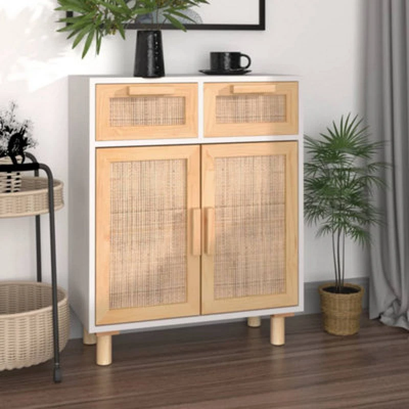 Image of vidaXL Sideboard White 60x30x75cm Solid Wood Pine and Natural Rattan, White 345636