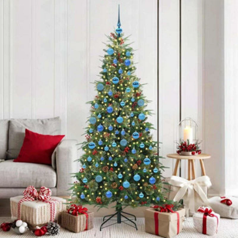 Image of vidaXL Artificial Hinged Christmas Tree with Blue Balls Green 180cm PE and PVC, Green 3397426