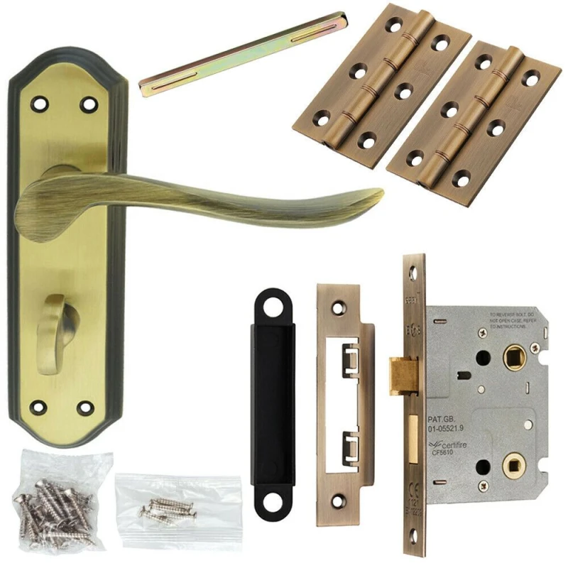 Image of Loops Door Handle & Bathroom Lock Pack Bronze Sculpted Lever Thumb Turn Backplate Multi