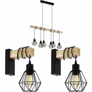 Image of Multi Bulb Ceiling Pendant Light & 2x Matching Wall Lights Black Cage & Wood