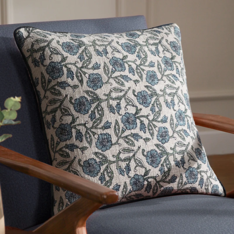 Image of Paoletti Delphine Square Floral Piped Polyester Filled Cushion Mid Blue