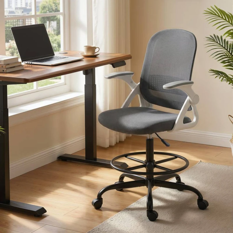 Image of HOMCOM Mesh Painting Chair, Rolling Desk Chair with Flip-up Armrests, Grey Size: Armchair Grey Unisex Armchair