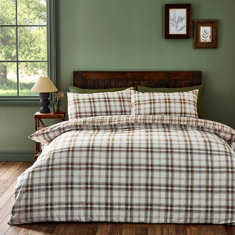 Image of Catherine Lansfield Catherine Lansfield 'Kelso Check' Reversible Duvet Cover Set in Burnt Orange Size: Double Burnt Orange Double Unisex 50576819304