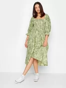 Image of Long Tall Sally Palm Print Linen Dress, Green, Size 10, Women