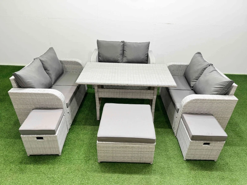 Image of Fimous 9 Seater PE Wicker Rattan Furniture Sofa Sets with Rectangular Dining Table 2 Seater Love Sofa 3 Stool Light Grey Light Grey