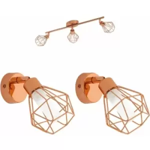 image of Ceiling Spot Light & 2x Matching Wall Lights Copper Geometric Wire Cage Shade