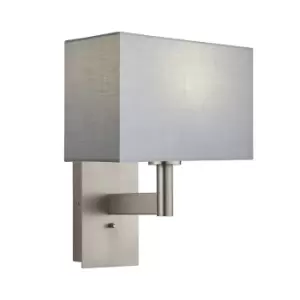 image of Owen Rectangular Wall Lamp Matt Nickel Plate, Grey Fabric Shade With USB Socket