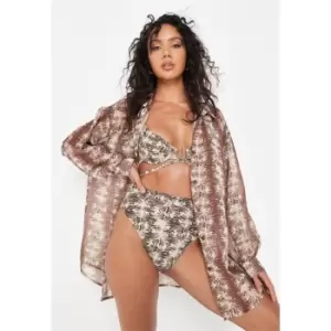 image of Missguided Snake Oversized Cover Up Shirt - Brown