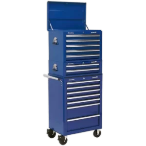 image of Sealey Superline Pro 14 Drawer Roller Cabinet, Mid Box and Top Tool Chest Blue