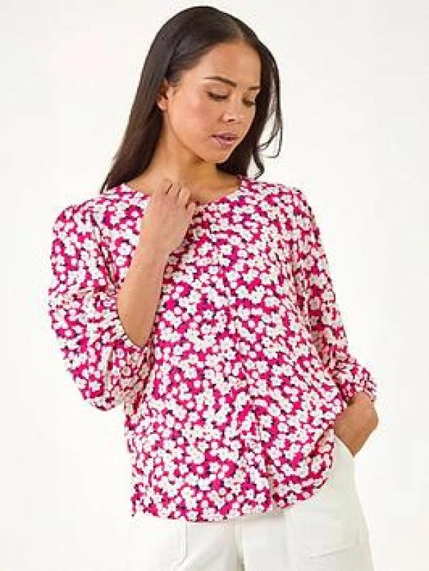 Image of Roman Womens Petite Ditsy Floral Button Up Blouse in Pink Size: 12 Pink Female 12