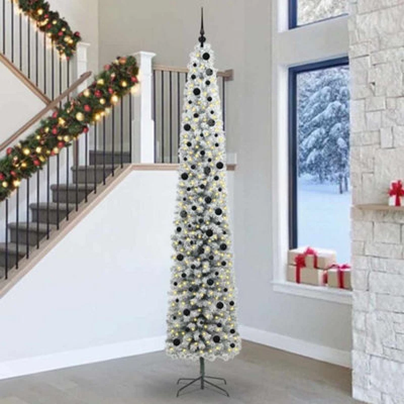 Image of vidaXL Artificial Christmas Tree with 300 LEDs, Black Balls with Stand Snow Flocked Green 300 cm, Green 3395063