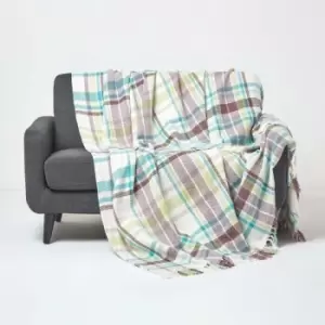 Image of Green Tartan 100% Cotton Falun Throw with Tassels, 255 x 360cm - Green - Green - Homescapes