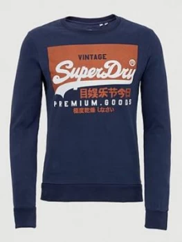 Image of Superdry Vintage Label Orange Label Crew Sweatshirt, Navy, Size XS, Men