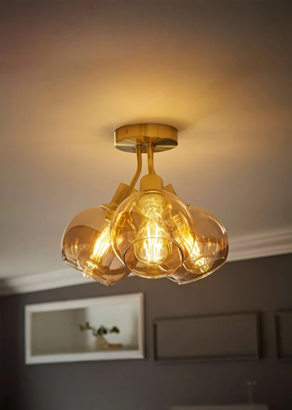 Image of ValueLights ValueLights Bellamy 3 Way Glass Globe Bubble Cluster Flush Ceiling Light and Bulbs in Gold Gold One Size Unisex 5059406070143