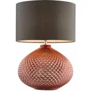 Image of Modern Textured Table Lamp Copper Glass Base & Grey Shade Bedside Feature Light