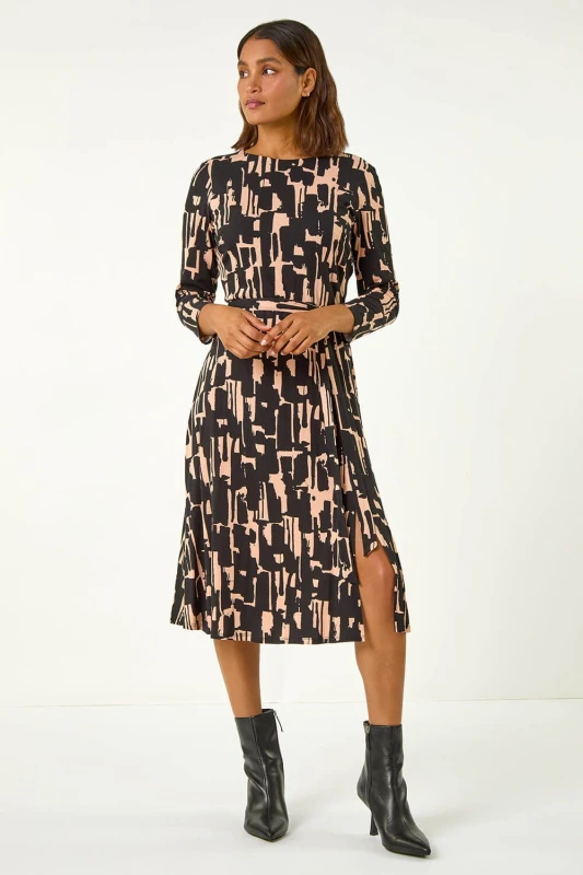 Image of Roman Stretch Abstract Belted Dress Black