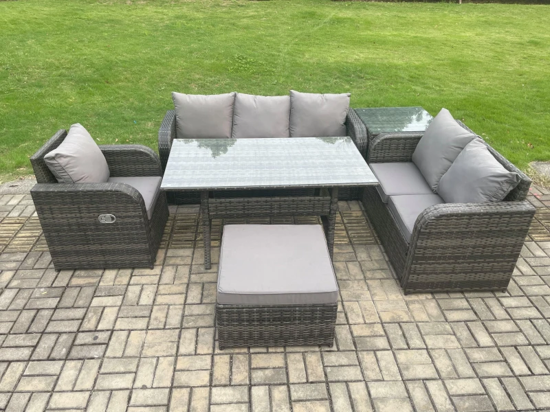 Image of Fimous 7 Seater Garden Rattan Furniture Dining Table Sofa Set Indoor Outdoor with Reclining Chairs Big Footstool Side Table Dark Grey Mixed Dark Grey