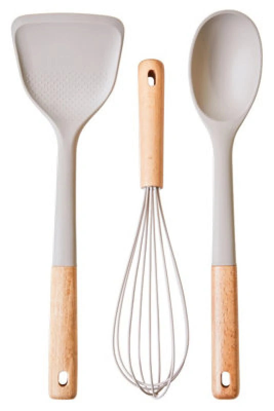 Image of Premier Housewares Interiors By Premier Tone Grey Silicone Head 3Pc Kitchen Tool Set,heat Proof Spoon, Whisk & Turner,culinary Kit With Wooden Grips