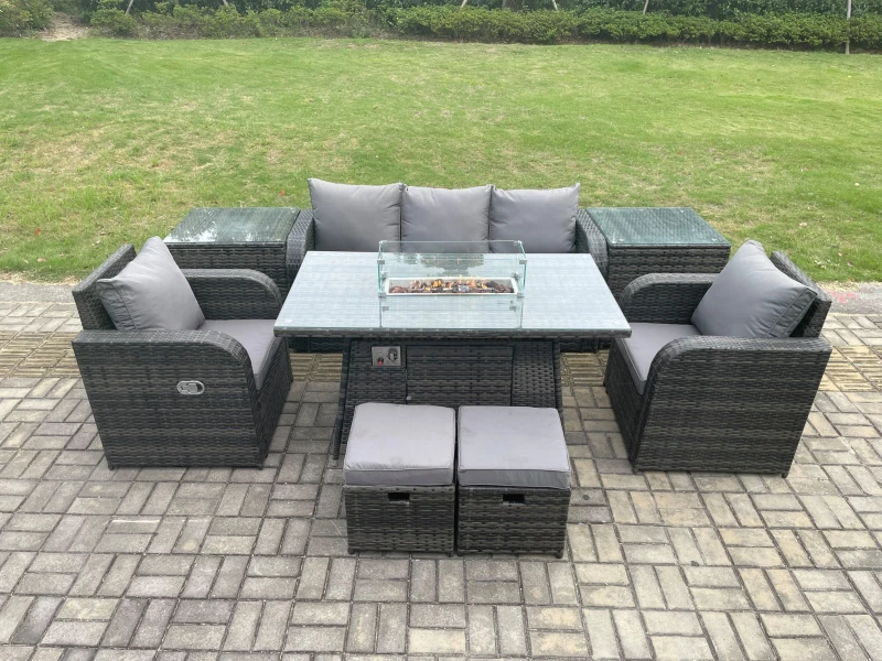 Image of Fimous Wicker Rattan Garden Furniture Sofa Set Gas Fire Pit Dining Table Indoor Outdoor with 2 Side Table Chair Footstool Dark Grey