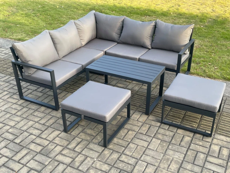 Image of Fimous Aluminium Outdoor Garden Furniture Set Lounge Sofa Coffee Table Sets with 2 Big Footstool Indoor Conservatory Set Dark Grey Dark Grey Unisex