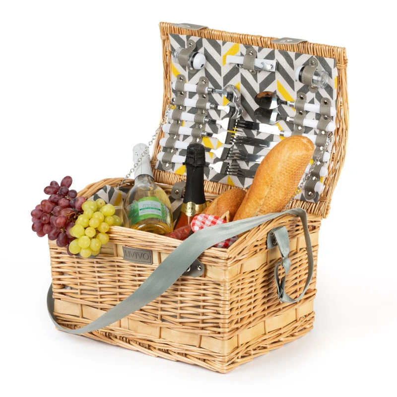 Image of LIVIVO Picnic Wicker Basket for 4 - including Large Insulated Cool Bag & Cutlery Set Natural