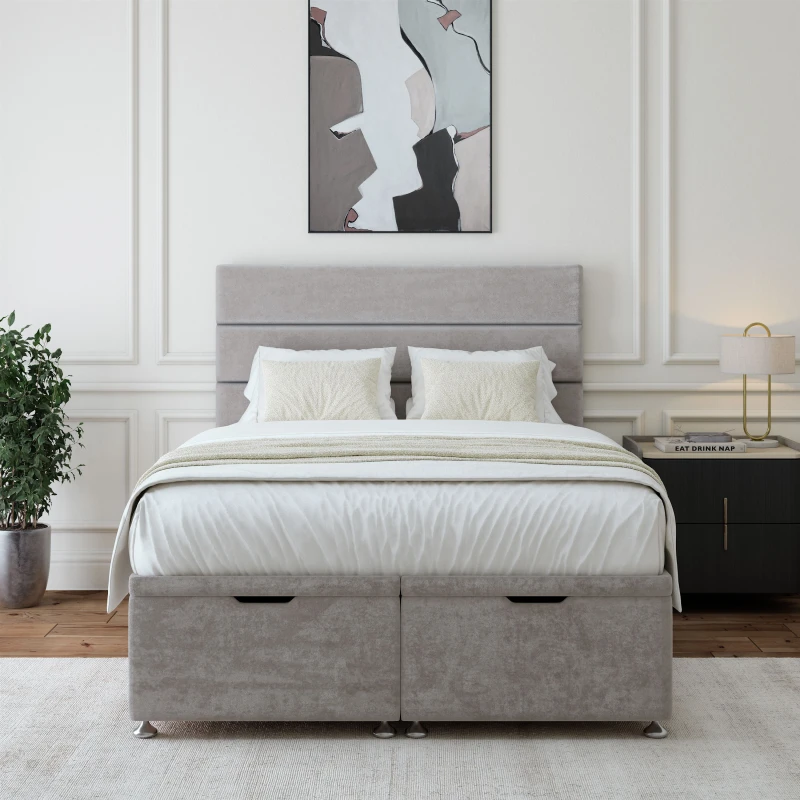 Image of Bedmaster Bedmaster Luxury Velvet Ottoman Divan Base And Lined Headboard in Light Grey Size: Super King Light Grey Super King Unisex 7867868939117