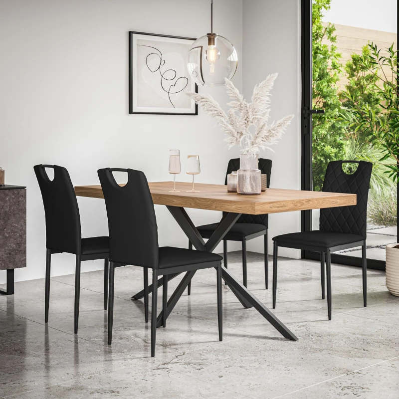 Image of More4Homes Donni Dining Table And Chairs - Oak Effect Table Top W Black Legs + Monza Faux Leather Dining Chair Set Of 4 (Black)