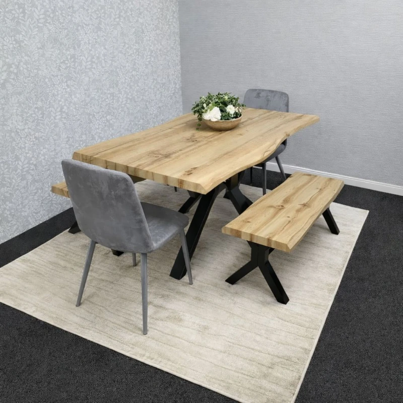 Image of Kosy Koala Dining Table Set Of Brown Table, 2 Grey Velvet Chairs And 2 Benches, Multi DK140+2GYRO+2B