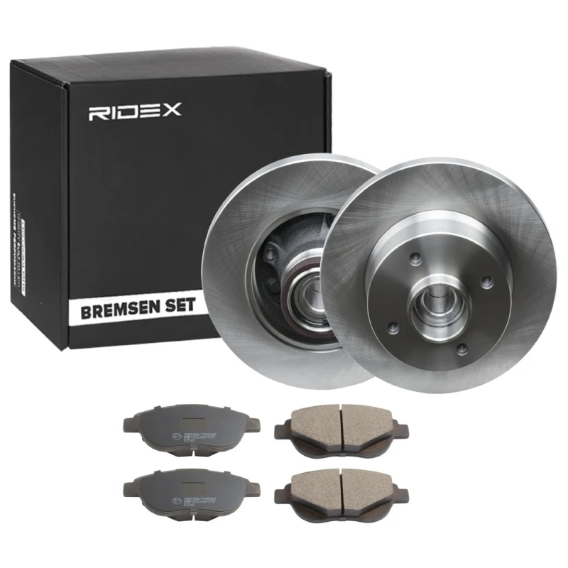 Image of RIDEX 3405B1506 Brake disc and pads set Front Axle, Brake Disc Type: Solid, not prepared for wear warning indicator Brake Set,disc brakes (3405)