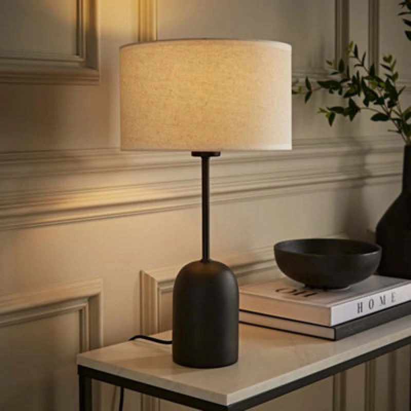 Image of ValueLights ValueLights Kaiden Black Dome Table Lamp with Trim Detail Linen Drum Shade in White White One Size Unisex 5059406068218