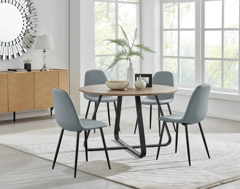 Image of FurnitureboxUK FurnitureboxUK Santorini Brown Round Table & 4 Corona Black Leg Chairs in Grey Grey One Size Unisex 5056657126346