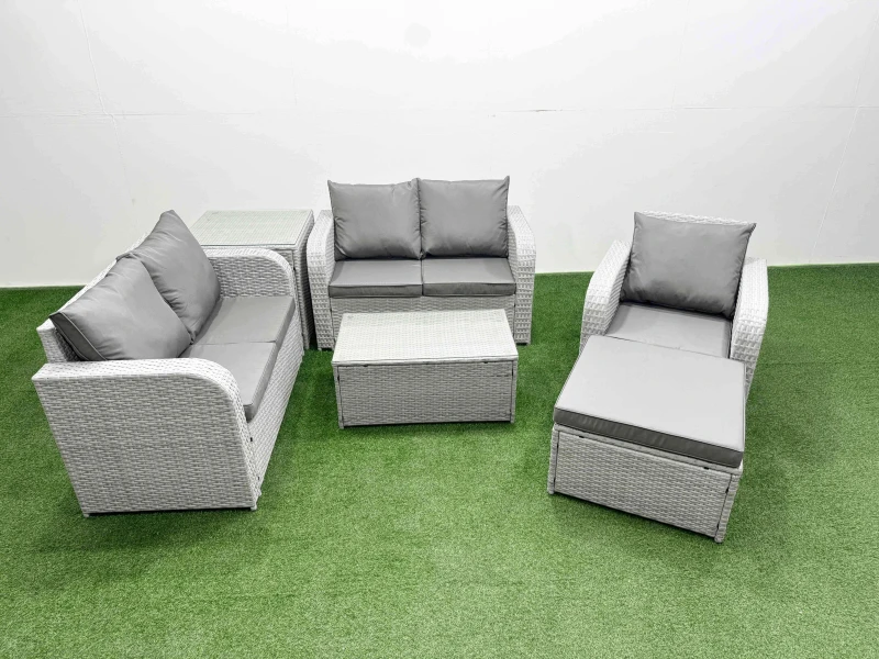 Image of Fimous High Back Poly Rattan Garden Furniture Set with Reclining Chair Loveseat Sofa Rectangular Coffee Table Indoor Outdoor Patio Set Big Stool Side