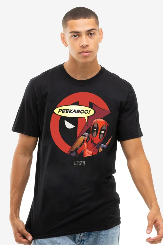 Image of Deadpool Men Marvel Deadpool Peekaboo Mens T-Shirt Black Size: Small Black S Male 5052777794595