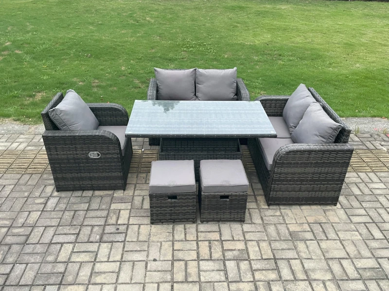 Image of Fimous Wicker PE Rattan Furniture Garden Dining Set Outdoor Height Adjustable Rising lifting Table Love Sofa With Reclining Chair Dark Grey unisex