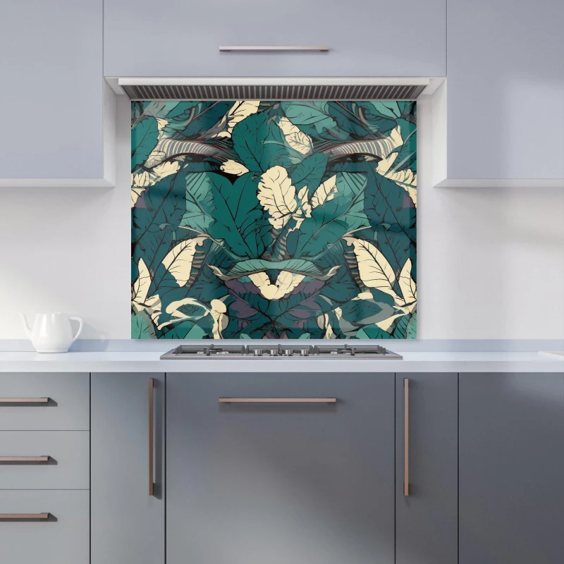 Image of Warren Reed - Designer Green Beige Tropical Leaves Kitchen Splashback Size: 600mm x 750mm Green Unisex 600mm x 750mm