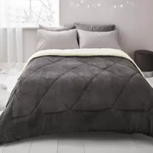 image of Catherine Lansfield So Soft Velvet Sherpa Quilted Comforter Bedspread, Grey, Double