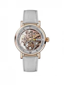 image of Ingersoll 1892 The Herald White And Rose Gold Skeleton Dial White Leather Strap Ladies Watch