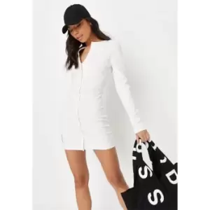 Missguided Button Through Mini Dress Ls Rib - White