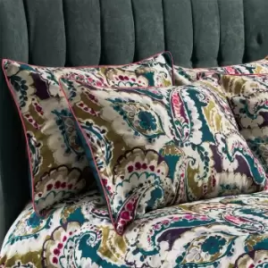 Image of Aretha Paisley Printed Cotton Sateen Piped Pillowcase Pair Teal/Olive