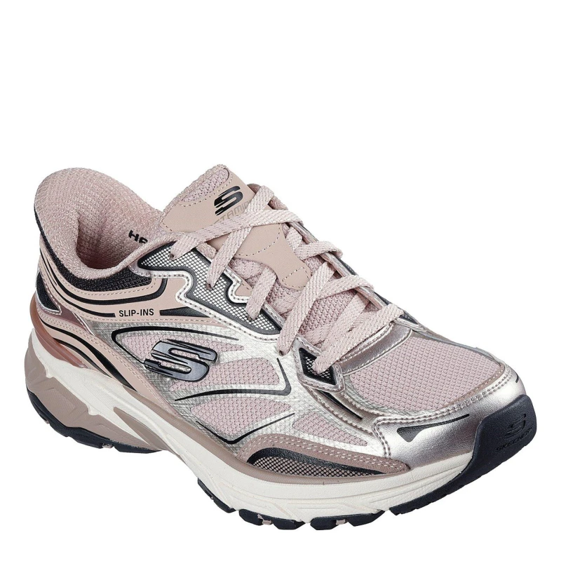 Image of Skechers Womens Stamina Sport - Metallic Overlay Mesh Lace-Up Slip-Ins Rose Gold /Rose in Pink Size: 5 Pink Female 5
