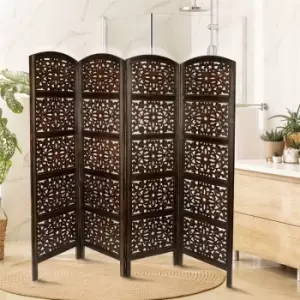 image of Topfurnishing - 4 Panel Heavy Duty Carved Indian Screen Wooden Flower Design Screen Room Divider 183x50cm per panel, wide open 202cm [Dark Brown]